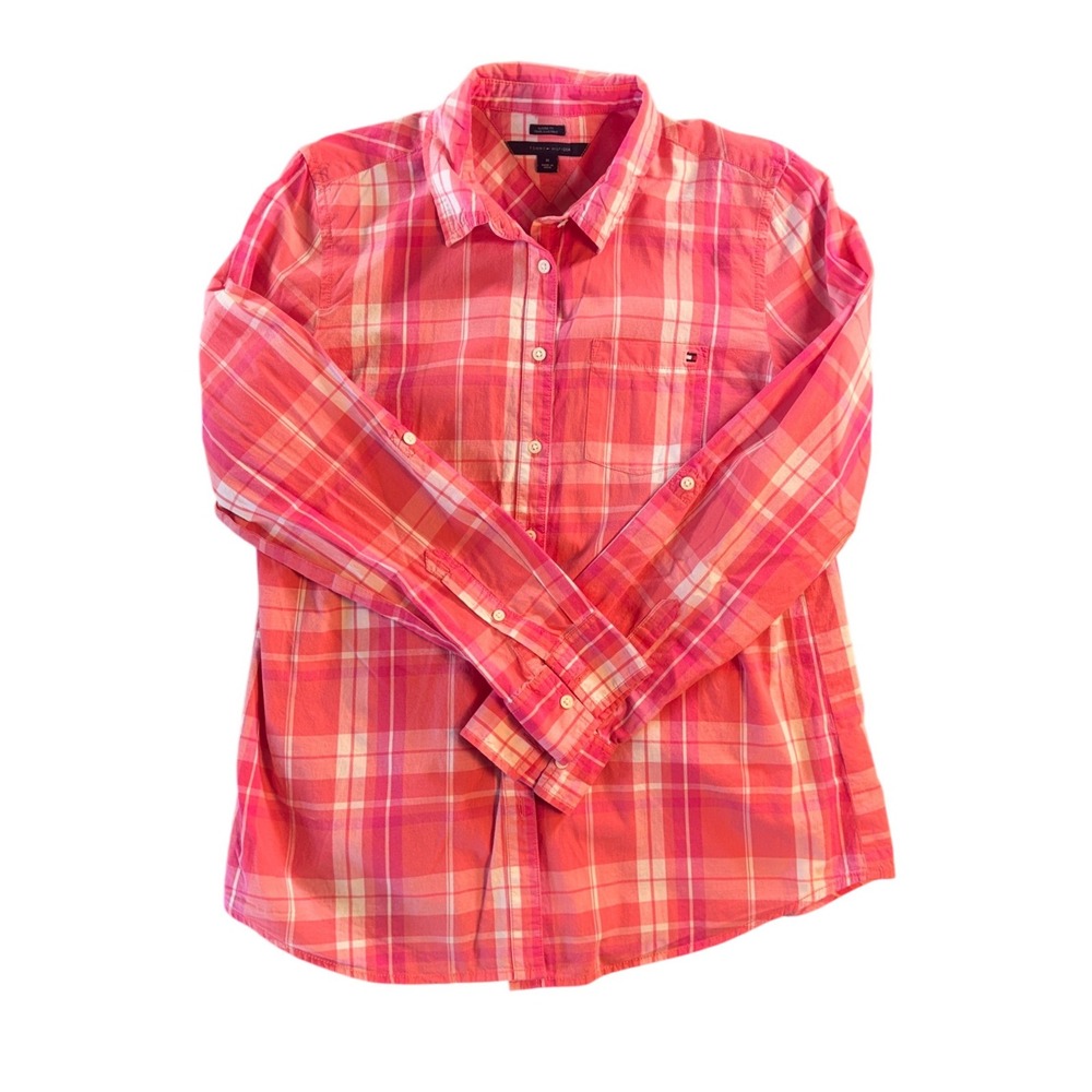 Tommy‎ Hilfiger Pink Orange Plaid Button Down Shirt Classic Fit Roll Tab Medium